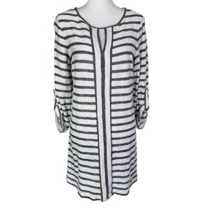 MAX EDITION‎ NWT Large Petite Navy Cream Striped Roll Tab Cotton Knit Midi Dress